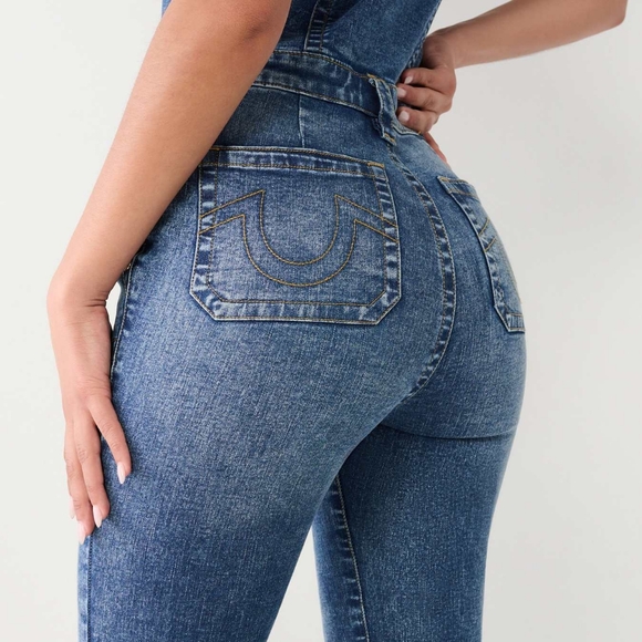 TRUE RELIGION DENIM FLARE JUMPSUIT SIZE SMALL COLOR GHOST WAVE - Picture 9 of 16